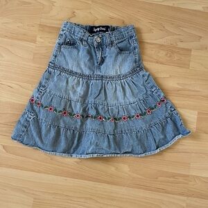Squeeze Light Blue Denim Skirt with Pink Floral Embroidery